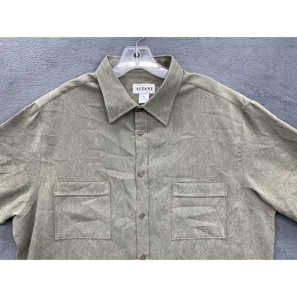 Alfani Button Down Shirt Men's Size XL Beige Short Sleeve Double Chest Pockets - Picture 9 of 12